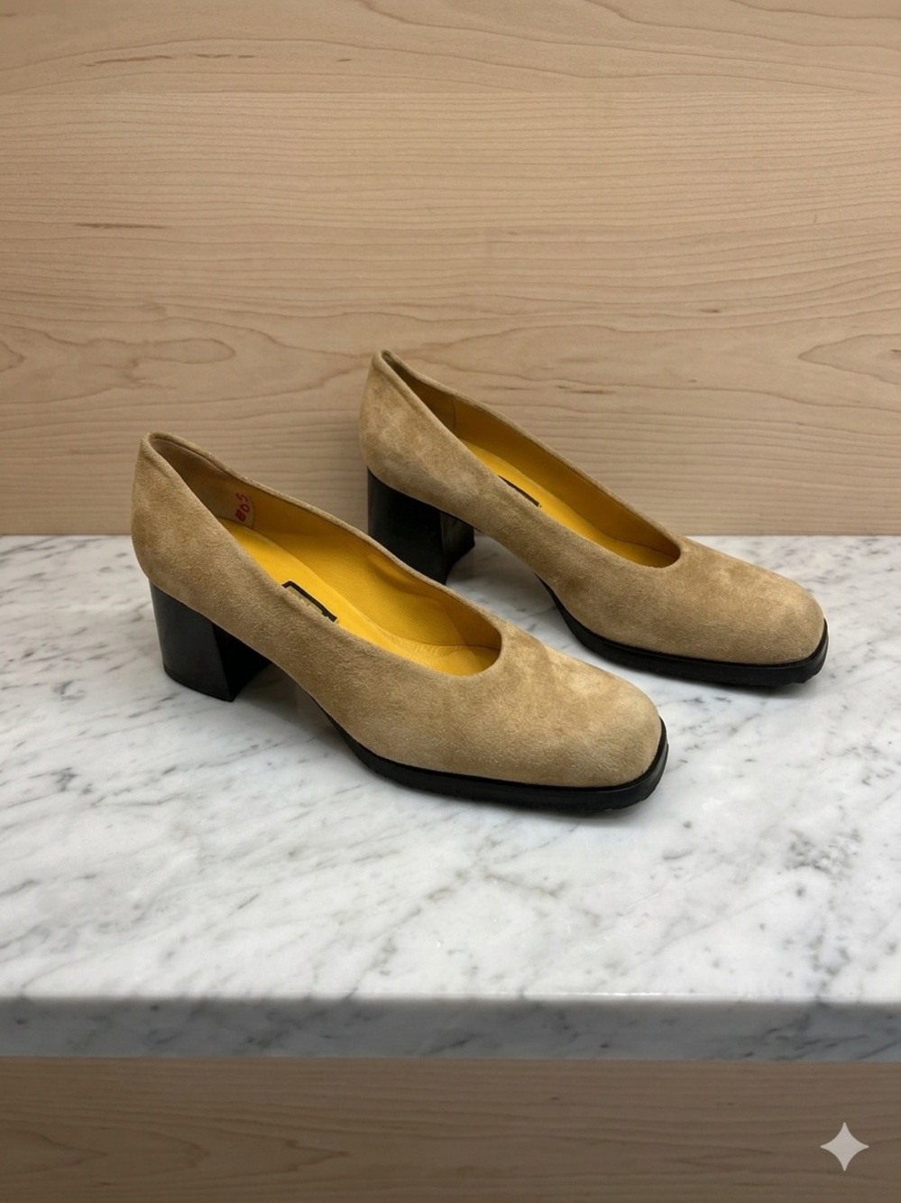 Nina Beige Suede Block Heel Pumps